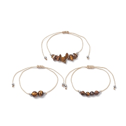 Œil De Tigre 3 pcs 3 ensemble de bracelets de perles tressées en œil de tigre naturel, bracelets réglables en fil de nylon pour femmes, diamètre intérieur: 3-3/8 pouce (8.5 cm), 1 pc / style