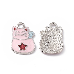 Pink Alloy Enamel Pendants, Cat with Star Charm, Platinum, Pink, 18.5x12.5x1.5mm, Hole: 2mm