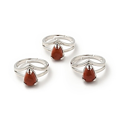 Piedra Roja Anillos ajustables en forma de lágrima de jaspe rojo natural, joyas de latón chapado en platino para mujer, sin plomo y el cadmio, tamaño de EE. UU. 7 3/4 (17.9 mm)