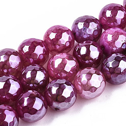 Old Rose Electroplate Natural Agate Beads Strands, Dyed, Faceted, Pearl Luster Plated, Round, Old Rose, 10.5mm, Hole: 1.2mm, about 36~37pcs/strand, 14.37 inch~14.57 inch(36.5cm~37cm)
