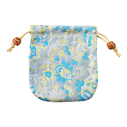 Light Steel Blue Chinese Style Flower Pattern Satin Jewelry Packing Pouches, Drawstring Gift Bags, Rectangle, Light Steel Blue, 10.5x10.5cm