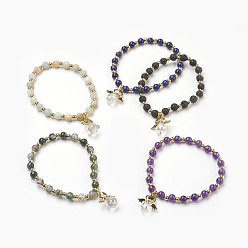 Pierre Mélangete Perles naturelles mixtes de pierre étendent bracelets de charme, avec les accessoires en laiton et alliage, ange, 2-1/8 pouce (5.4 cm), charme: 21x19x10mm