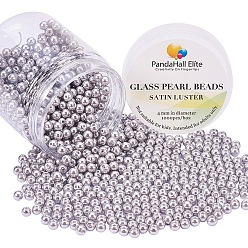 Light Grey Pearlized Eco-Friendly Dyed Glass Pearl Round Bead, Light Grey, 4~4.5mm, Hole: 0.7~1.1mm, about 1000pcs/box