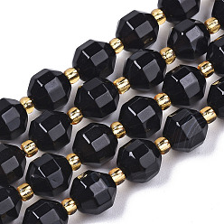 Noir Pierre gemme agate naturelle, facette, avec des perles de rocaille, teint, ronde, noir, 8x7.5mm, Trou: 1.2mm, perles: 3.5x2 mm, Environ 34 pcs/chapelet, 15.35 pouce (39 cm)