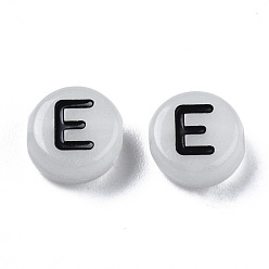 Letter E Acrylic Beads, with Enamel and Luminous, Horizontal Hole, Flat Round with Black Letter, Glow in the Dark, Light Grey, Letter.E, 7x3.5mm, Hole: 1.5mm, about 3600~3700pcs/500g