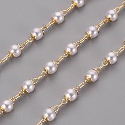 Real 18K Gold Plated Handmade Brass Cable Chains, with ABS Plastic Imitation Pearl Beads, Soldered, with Spool, Real 18K Gold Plated, 2.5x1x0.2mm, about 16.4 Feet(5m)/roll