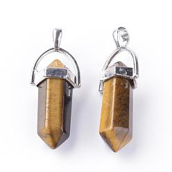 Tiger Eye Natural Tiger Eye Double Terminated Pointed Pendants, with Platinum Tone Alloy Findings, Bullet, 35~42x11~13x7.5mm, Hole: 3.5x4.5mm