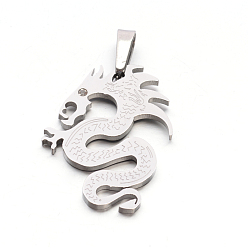 Stainless Steel Color Men's 304 Stainless Steel Rhinestone Dragon Pendants, Stainless Steel Color, 40.5x32x2.5mm, Hole: 4x11mm