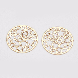 Light Gold Brass Filigree Joiners Links, Etched Metal Embellishments, Long-Lasting Plated, Flat Round with Star, Light Gold, 17.5x0.3mm