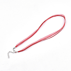 Red Waxed Cord and Organza Ribbon Necklace Making, with Iron Lobster Claw Clasps, Platinum, Red, 17.6 inch~17.8 inch(45~455cm), 7mm