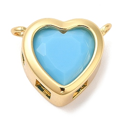 Bleu Ciel Clair Breloques coeur en laiton plaqué or véritable 18k, avec la glace, sans plomb et sans cadmium, lumière bleu ciel, 13x15x7mm, Trou: 1.6mm