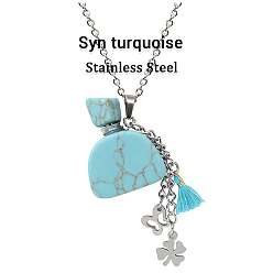 Turquoise Synthétique Collier pendentif bouteille de parfum turquoise synthétique avec breloques fleur papillon et pompon en acier inoxydable, bijoux de fiole d'huile essentielle pour les femmes, 18.11 pouce (46 cm)