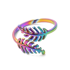 Rainbow Color Ion Plating(IP) 304 Stainless Steel Leaf Open Cuff Ring for Women, Rainbow Color, US Size 8 1/2(18.5mm)