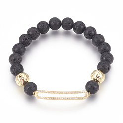 Golden Stretch Bracelets, with Long-Lasting Plated Electroplated Natural Lava Rock, Natural Lava Rock and Brass Cubic Zirconia Beads, Rectangle, Golden, 2-1/8 inch(5.4cm)