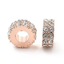 Oro Rosa Acumular granos europeos de diamantes de imitación de aleación de enchapado, abalorios de grande agujero, plano y redondo, oro rosa, 11x4.5 mm, agujero: 5 mm