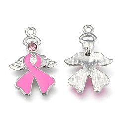 Pearl Pink October Breast Cancer Pink Awareness Ribbon, with Angel Wing Alloy Enamel Pendants, with Rhinestone, Pearl Pink, 23.5x15x2mm