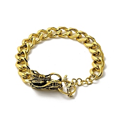 Antique Golden Men's Alloy Curb Chain Bracelet with Dragon Head Clasp, Punk Metal Jewelry, Antique Golden, 8-7/8 inch(22.5cm)