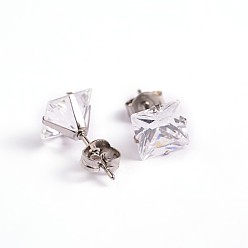 Clear Square Cubic Zirconia Stud Earrings, with 304 Stainless Steel Pins, Clear, 8.5x8mm, Pin: 0.9mm