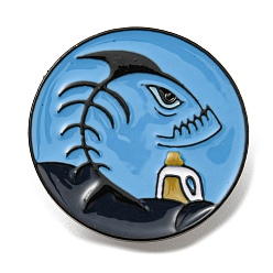 Shark Pin esmaltado con tema de protección del medio ambiente marino, Broche de aleación de zinc negro de electroforesis para ropa de mochila, plano y redondo, tiburón, 25x1.5 mm