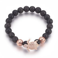Rose Gold Stretch Bracelets, with Long-Lasting Plated Electroplated Natural Lava Rock, Natural Lava Rock and Brass Cubic Zirconia Beads, Tortoise, Rose Gold, 2-1/4 inch(5.6cm)