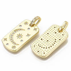 Real 16K Gold Plated Brass Micro Pave Cubic Zirconia Pendants, with Jump Rings, Nickel Free, Oval with Moon & Star, Clear, Real 16K Gold Plated, 25.5x14x2mm, Jump Rings: 9x5.5x2, 2.5x4.5mm Inner Diameter.