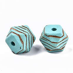 Cyan Painted Natural Wood Beads, Laser Engraved Pattern, Faceted, Polygon with Zebra-Stripe, Cyan, 16x15.5~16.5x15.5~16.5mm, Hole: 3mm
