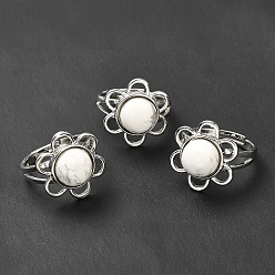 Howlite Natural Howlite Adjustable Rings, Platinum Tone Flower Brass Rings for Women, Cadmium Free & Lead Free, US Size 7 3/4(17.9mm), 3~7mm