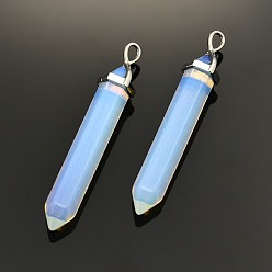 Opalite Platinum Plated Pointed Brass Opalite Bullet Big Pendants, Double Terminated Pointed, Faceted, 58~63x12x10mm, Hole: 5x3.5mm