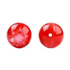 Красный Цветочные непрозрачные шарики смолы, круглые, красные, 20x19 мм, отверстие : 2 мм