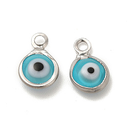 Deep Sky Blue 304 Stainless Steel with Glass Enamel Charms, Stainless Steel Color, Flat Round with Evil Eye Pattern, Deep Sky Blue, 9.5x6.5x2.5mm, Hole: 1.6mm