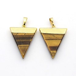 Tiger Eye Natural Gemstone Triangle Pendants, with Golden Tone Brass Findings, 30~40x21~29x4mm, Hole: 8x5mm