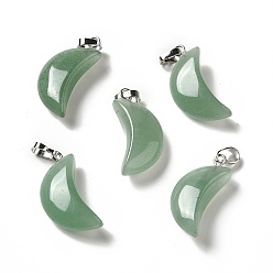 Green Aventurine Natural Green Aventurine Pendants, Moon Charms, with Platinum Tone Brass Findings, 25~25.5x12x5.5mm, Hole: 6x2.5mm