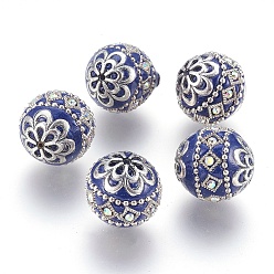 Bleu Royal Perles Indonésiennes manuelles, avec les accessoires en métal, ronde, argent antique, bleu royal, 19.5x19mm, Trou: 1mm