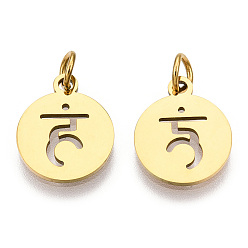 Golden 304 Stainless Steel Charms, with Jump Ring, Flat Round with Ohm/Aum Charm, Golden, 14x12x1.1mm, Hole: 3mm