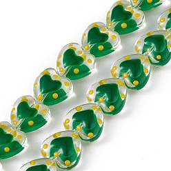 Зеленый Бусы лэмпворк ручной работы, с эмалью, сердце, зелёные, 12x12.5x7 мм, отверстие : 1 мм, около 30 шт / нитка, 13.39 дюйм (34 см)