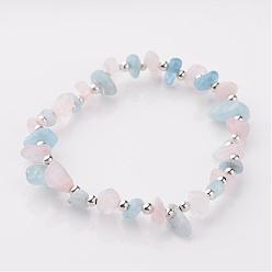 Sky Blue Gemstone Stretch Bracelets, with Iron Findings, Silver Color Plated Natural Aquamarine and Rose Quartz Beads, Sky Blue and Pink, 55mm
