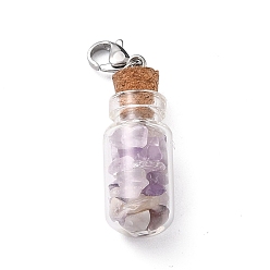 Améthyste Verre pendentifs en bouteille, avec des perles de puces améthyste et laiton homard fermoirs griffe, platine, 49mm