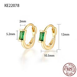 Green 925 Sterling Silver Pave Cubic Zirconia Rectangle Hoop Earrings for Women, with 925 Stamp, Real 18K Gold Plated, Green, 12x2x10.5mm