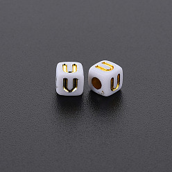 Letter U Opaque White Acrylic Beads, Metal Enlaced, Cube with Letters, Letter.U, 4.5mm, Hole: 2mm, about 5000pcs/500g