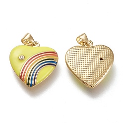Yellow Brass Micro Pave Cubic Zirconia Pendants, with Enamel, Real 18K Gold Plated, Heart & Rainbow, Yellow, 21x18.5x3.5mm, Hole: 3.5x5mm