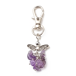 Amethyst Natural Amethyst Beaded Cluster Pendant Decorates, with Swivel Clasps, Lobster Clasp Charms, Clip-on Charms, for Keychain, Purse, Backpack Ornament, Stitch Marker, Wings, 67~68mm