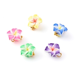 Mixed Color Polymer Clay Charms, with Brass Findings, Flower, Golden, Mixed Color, 13x13x7.5mm, Hole: 2mm