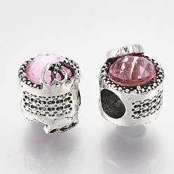 Light Rose Antique Silver Plated Alloy European Beads, with Rhinestones, Large Hole Beads, Flat Round with Heart, Light Rose, 11x15mm, Hole: 5.5mm