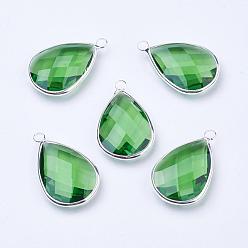 Lime Silver Color Plated Brass Glass Teardrop Pendants, Faceted, Lime, 18x10x5mm, Hole: 2mm