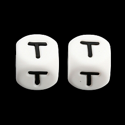 Letter T 20 piezas de cuentas de silicona con letras de cubo blanco 12x12x12 mm cuentas cuadradas del alfabeto con dados con 2 mm agujero espaciador cuentas de letras sueltas para pulsera collar fabricación de joyas, letter.t, 12 mm, agujero: 2 mm