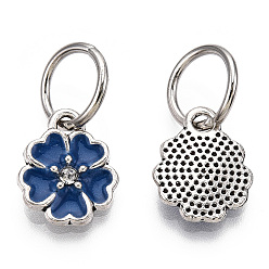 Midnight Blue Enamel Style Flower Alloy Rhinestone Charms, with Iron Findings, Antique Silver, Midnight Blue, 13.5x11x3mm, Hole: 6mm