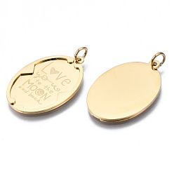 Real 14K Gold Plated 316 Surgical Stainless Steel Pendants, with Jump Rings, Oval with Word Love Moon, Real 14K Gold Plated, 27.5x18x1.5mm, Hole: 3mm, Jump Ring: 5x1mm, 3mm inner diameter