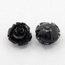 Noir Corail synthétique 3 d fleur rose perles, teint, noir, 14~15x9mm, Trou: 1.5mm