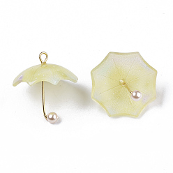 Verge D'or Pâle Pendentifs acryliques, avec boucles en laiton plaqué or et perle imitation plastique ABS, parapluie, verge d'or pale, 20~21x20x20mm, Trou: 1.6mm