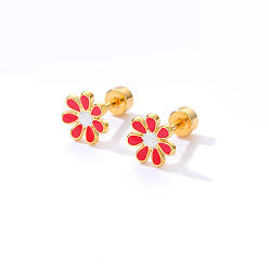 Red Real 18K Gold Plated Stainless Steel Stud Earrings for Women, Daisy Flower, Red, No Size